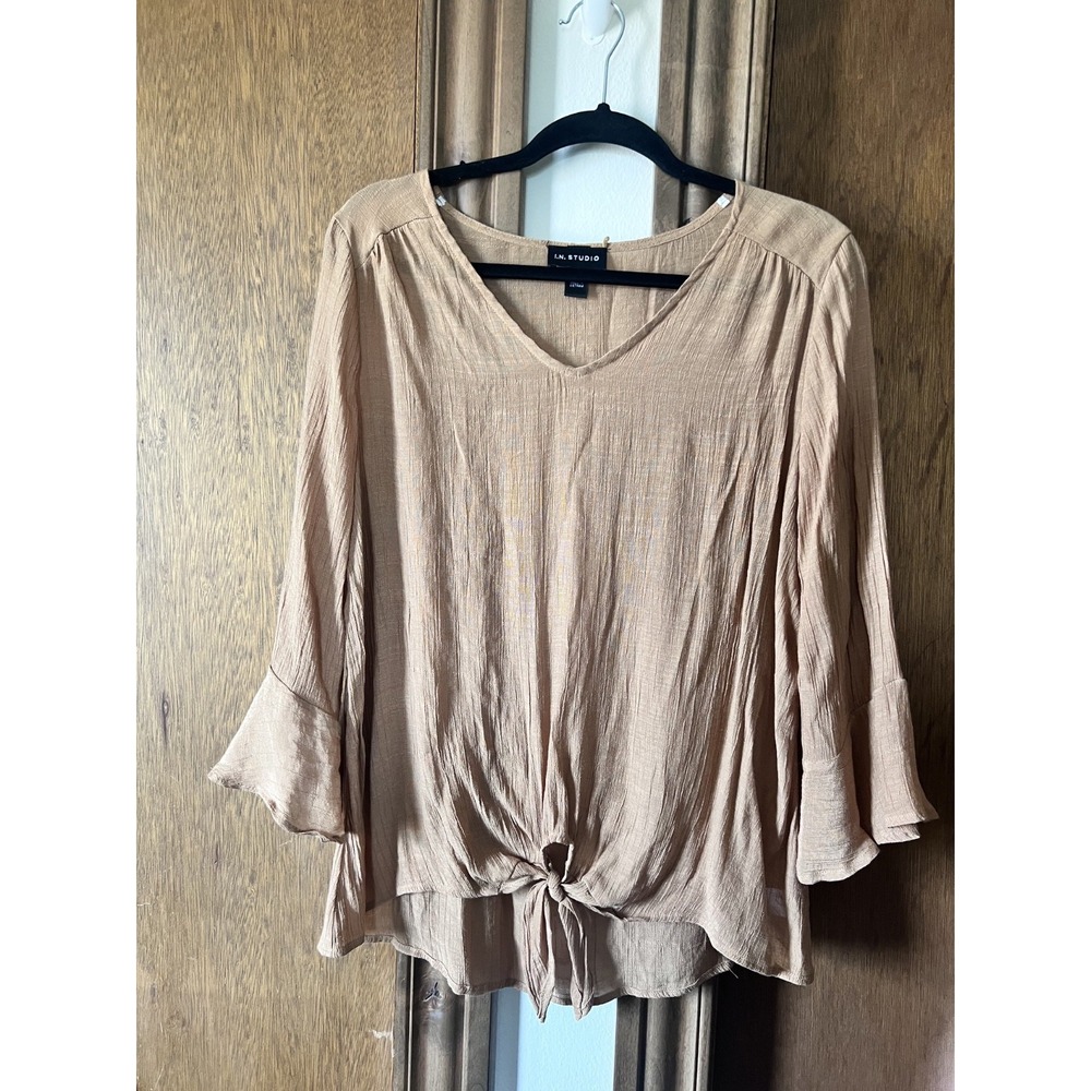 I.N. STUDIO-Woman's Brown Linen Feel Ruffled Sleeve Tie Waist Blouse Size L